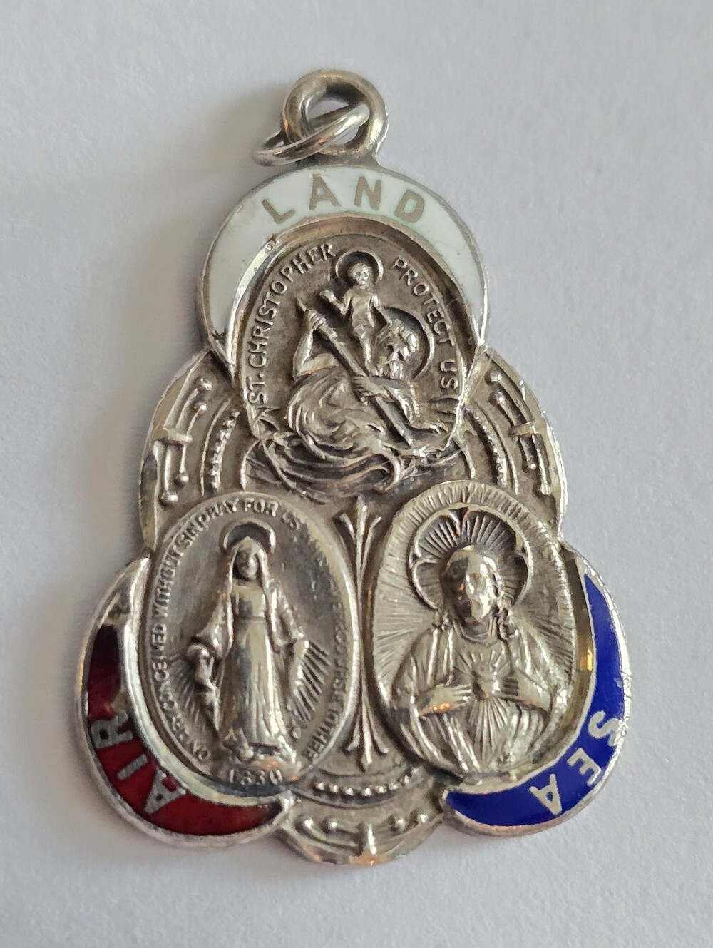 Vintage medal pendant Land, Sea, Air religious trefoil Sterling Silver travel